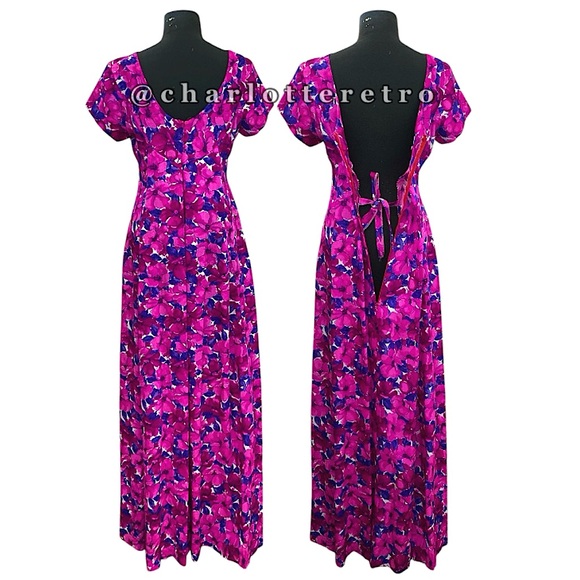 vtg Floral Hawaiian Maxi Dress w Pleated Train - Picture 1 of 11